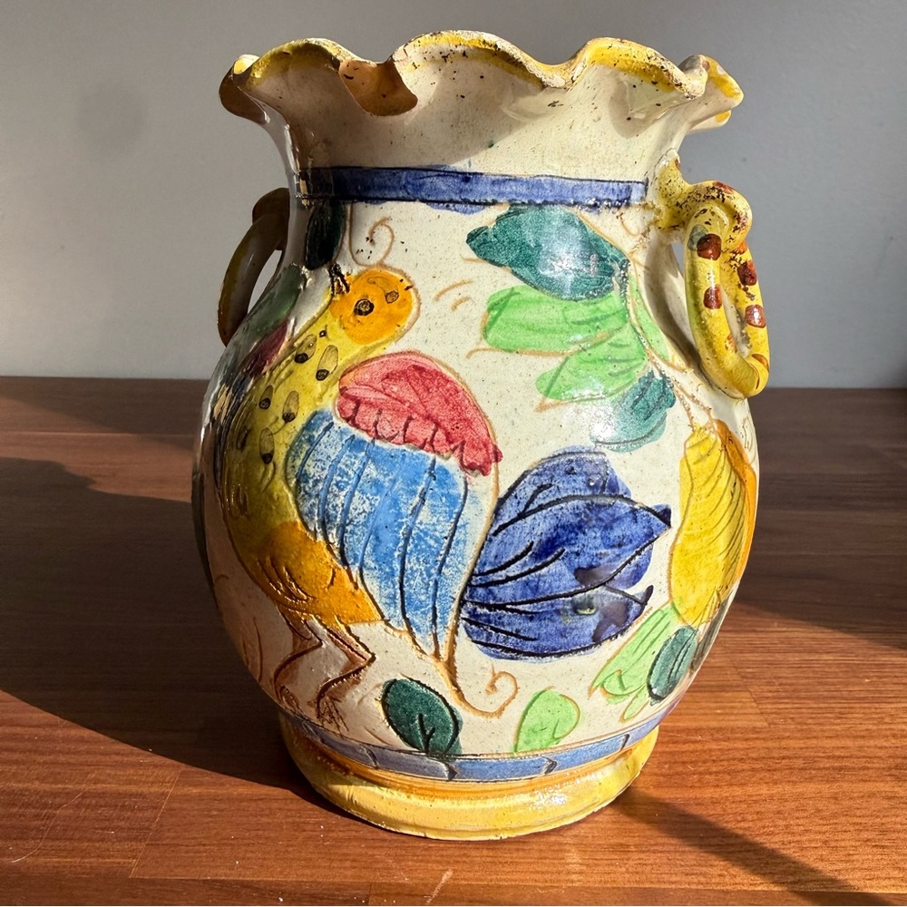Antique Mid 20th Century Incised Italian Fluted Hand-Painted Vase